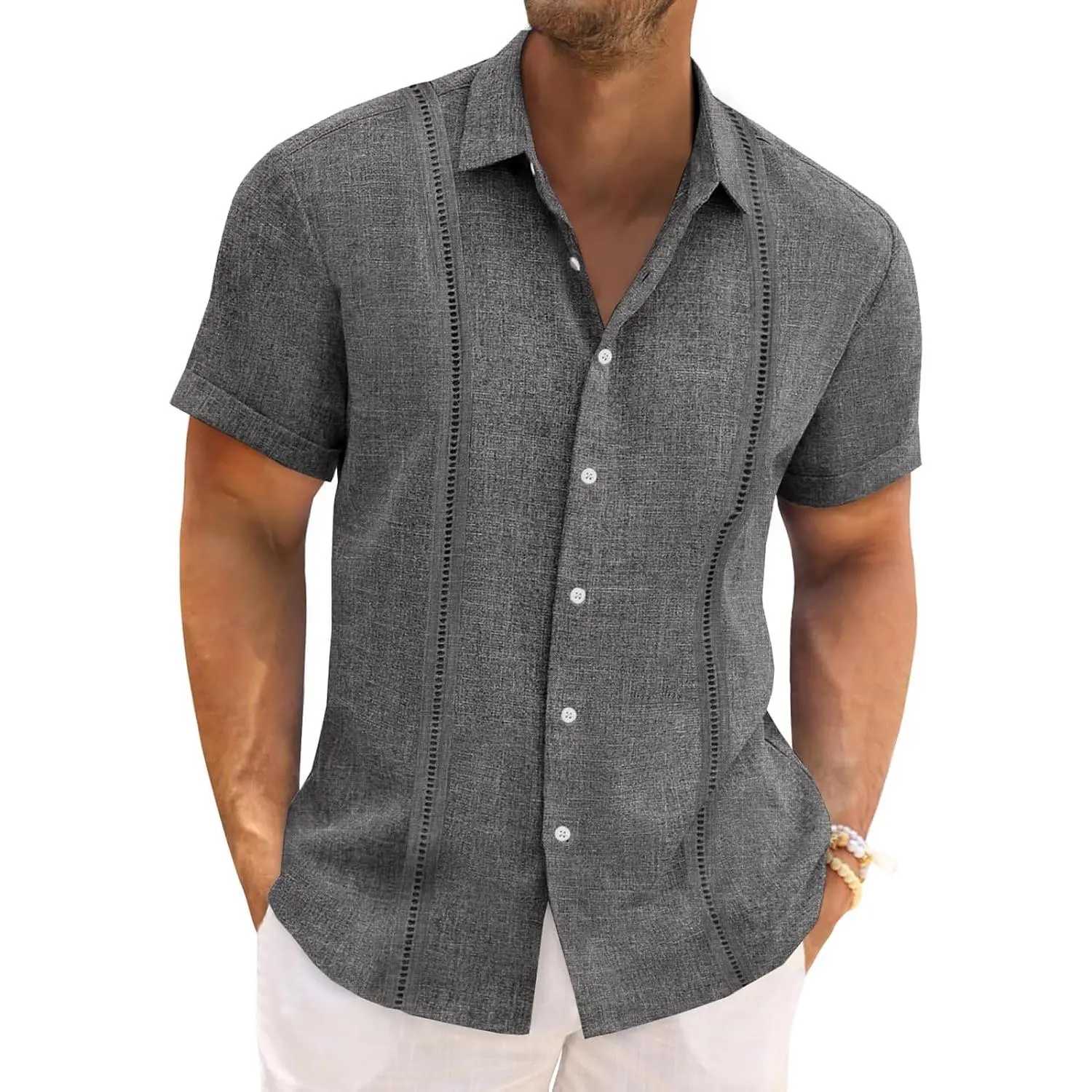 Mens Cuban Guayabera Shirts Short Sleeve Linen Button Down Shirt