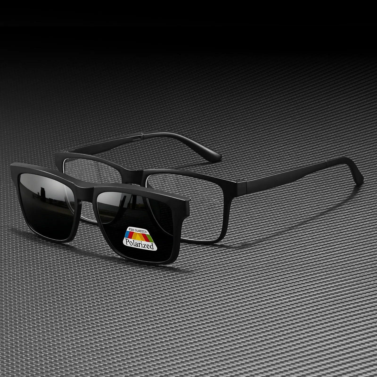 XUH Polarized Magnetic Clip-On Sunglasses with Polarized Gray Film - Black Square Frame 2-in-1 Design for Prescription Eyeglasses, Driving & Outdoor Use