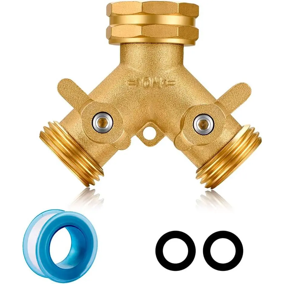 Garden Hose Splitter, 2 Way Connector Heavy Duty Brass,Garden Faucet,Splitter for Outdoor Faucet,Hose y Splitter, Hose Bib Splitter, Adapter with Comfortable Grip Shut Off Valves 1 count