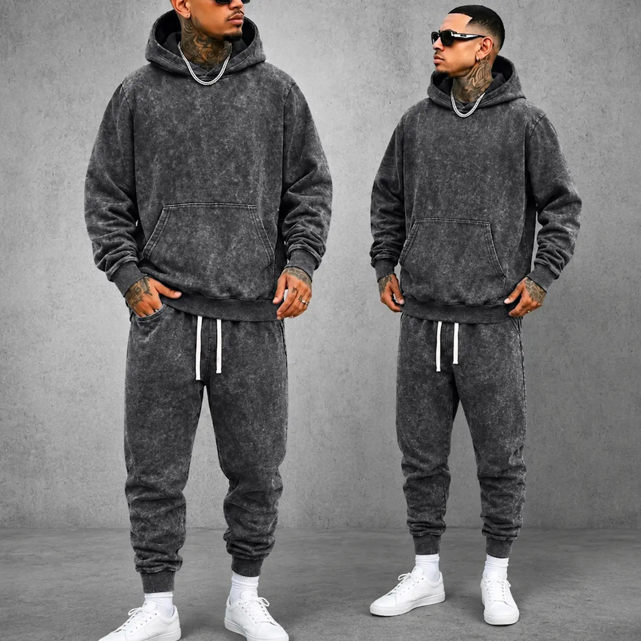 Men's Vintage Acid Wash Hoodie & Sweatpants Set, Washed Pullover Hooded Sweatshirt with Drawstring Ribbed Jogger Pants, Relaxed Fit Casual Streetwear Tracksuit, Retro Athleisure Lounge Outfit for Fall Winter Gym Travel Daily Wear, Men's Matching Sweatsuit