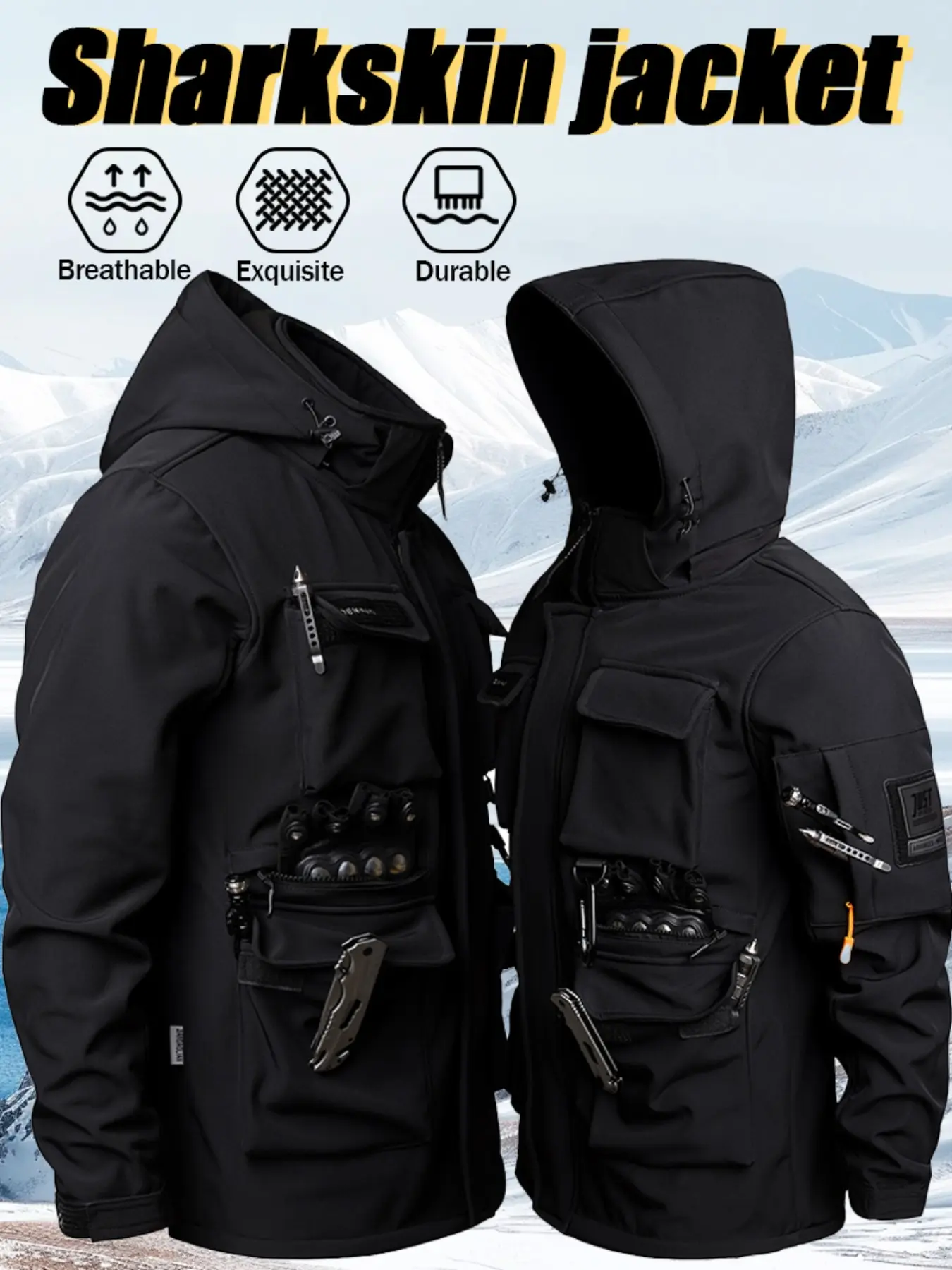 Men's outdoor fleece-lined softshell jacket with a sporty, multi-pocket design. Made from non-stretch fabric, it is suitable as a warm, lined outer layer for fall and winter, as well as a tactical jacket for hiking and rock climbing, and as winter fishing
