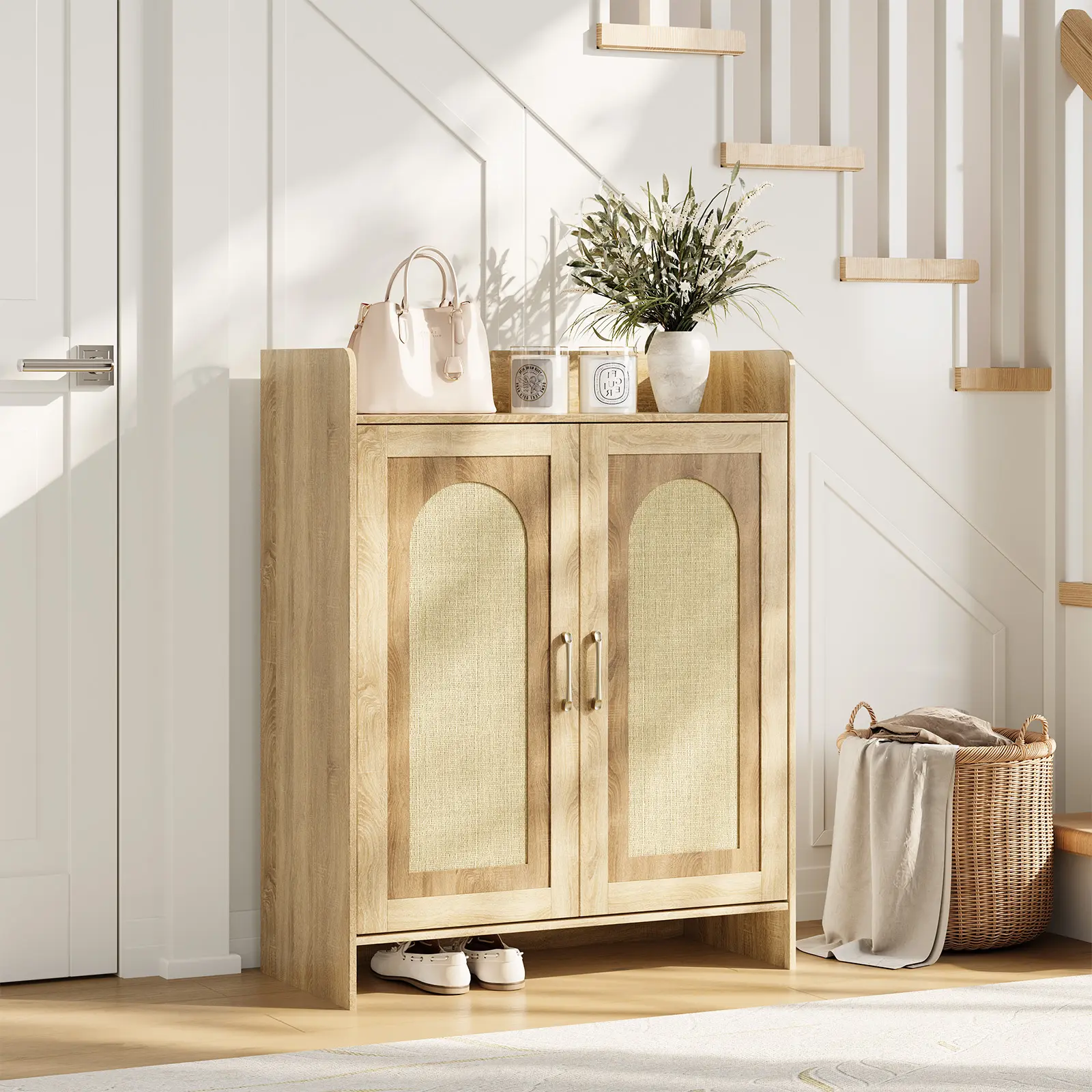 Boho Rattan Shoe Cabinet for Entryway Wood Shoe Rack with 2 Doors Adjustable Shelves Farmhouse Shoe Storage Organizer for Hallway Living Room Foyer 5 Tier