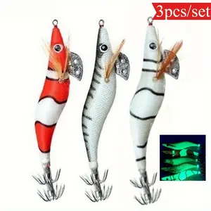 3pcs/Set Shrimp Fishing Lures Luminous Squid Jig Hook Shrimp Prawn Lure Artificial Hard Bait Octopus Fishing Supplies