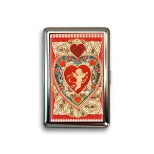 Vintage Valentine Cupid Cigarette Case, Red Heart Metal Card Holder, Romantic Pocket Storage Box