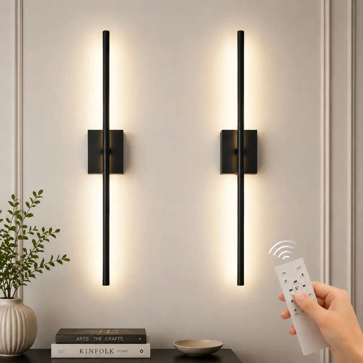28" LED Wall Sconces Set of 2, Modern Black Minimalist Wall Lights with 360° Rotatable Design, Indoor Wall Lamp Fixtures for Bedroom, Living Room, Hallway & Home Decor Wireless Battery Operated dimmable holiday gift