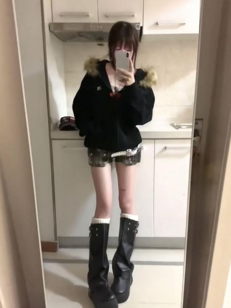 Harajuku Casual Fur Patchwork Hooded Hoodies 2025 Women Y2k Aesthetic Loose Pocket Streetwear Coats Grunge Zipper Sweatshirts Harajuku Casual Fur Patchwork Hooded Hoodies 2025 Women Y2k Aesthetic Loose Pocket Streetwear Coats Grunge Zipper Sweatshirts