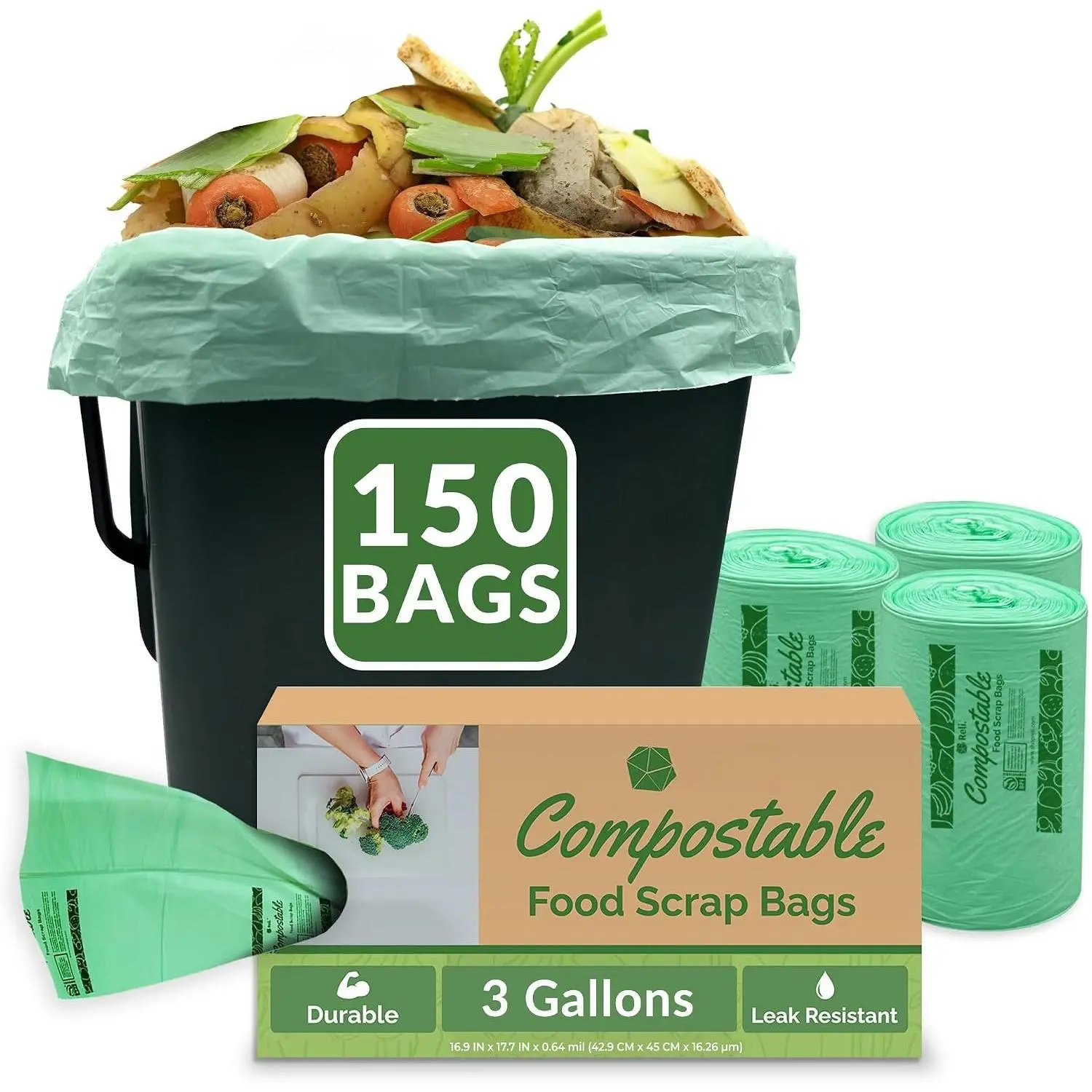 Compost Bags 3 Gallon (150 Count) | ASTM D6400 Certified | Compostable  Trash Bags | Green  Scrap Liners for Kitchen Bins | -Based
