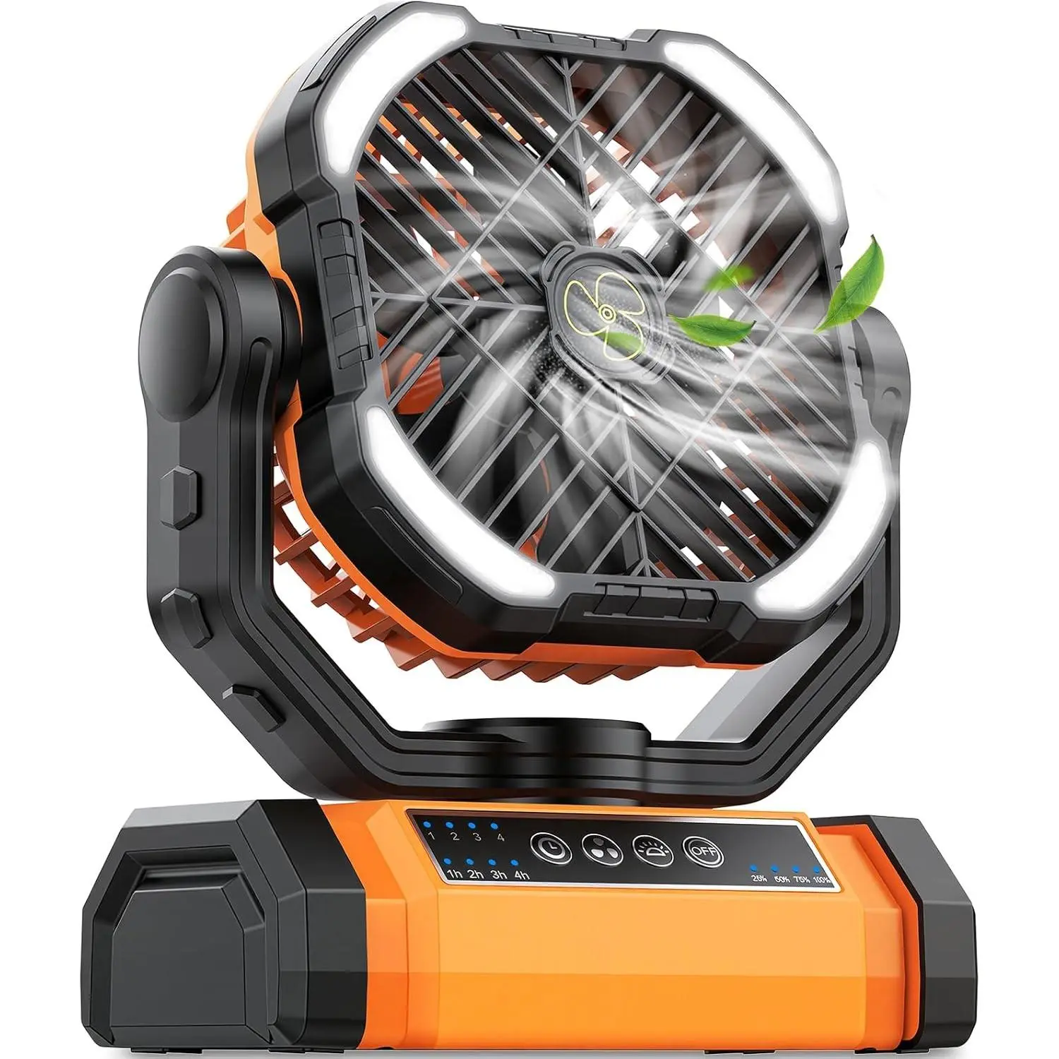 Rechargeable Camping Fan with LED Light, 4-Speed, Cordless, Hanging Hook, 270° Adjustable, Quiet, Lightweight, High-Capacity Battery for Tent Beach Outdoor, OrangeGift