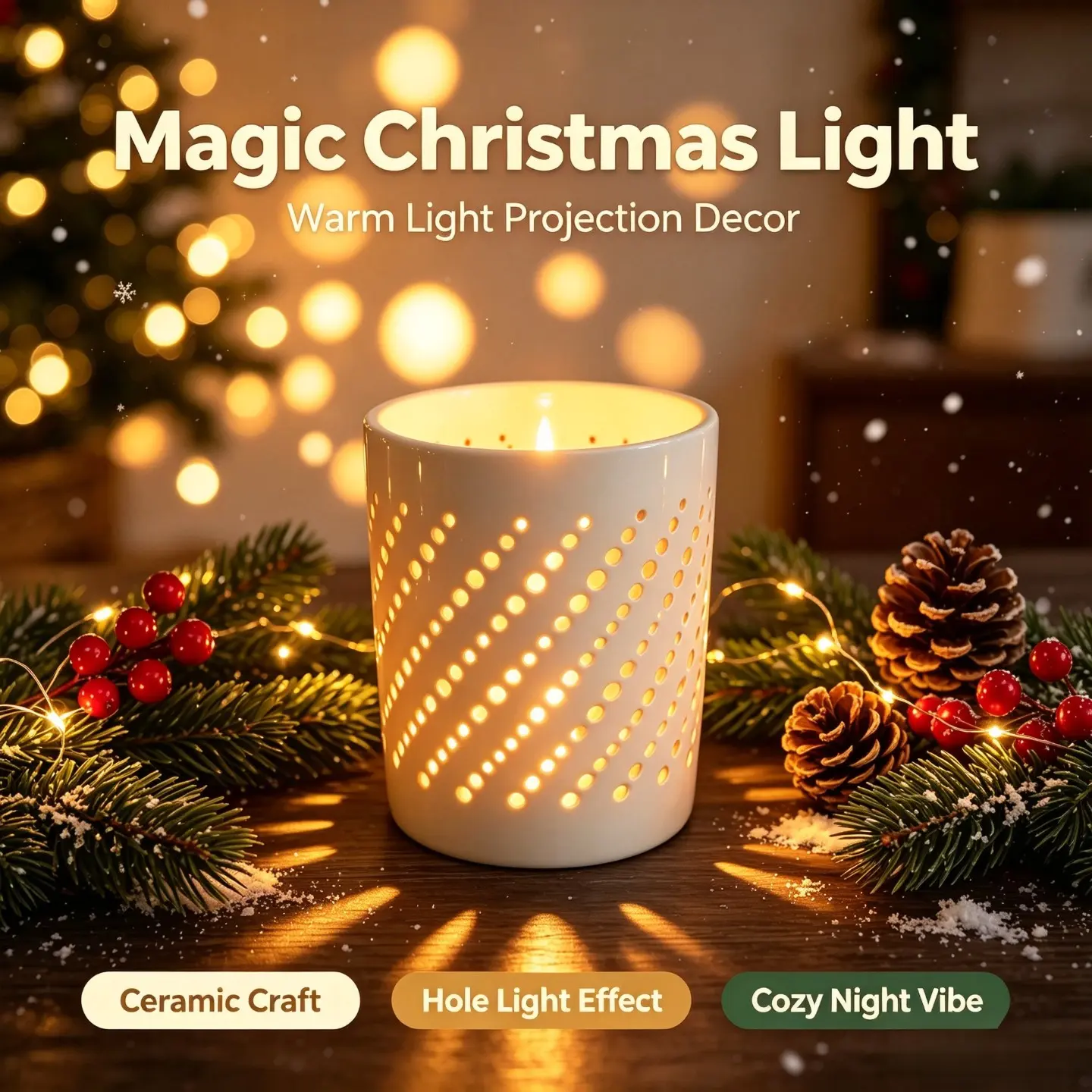 Hollow‑Carved Projection Ceramic Tealight Candle Holder, Warm Glow Hole‑Pattern Light Projector Lantern, Magic Christmas Holiday Tabletop Mantel Shelf Home Decor, Perfect Christmas Gift, Thanksgiving New Year Housewarming Present, Aesthetic Cottagecore Ro