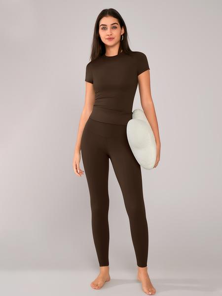 Women's Solid Short Sleeve Tee & Leggings Loungewear, Casual Comfy Round Neck Top & Skinny Pants PJ Set, Ladies Sleepwear for Spring & Fall