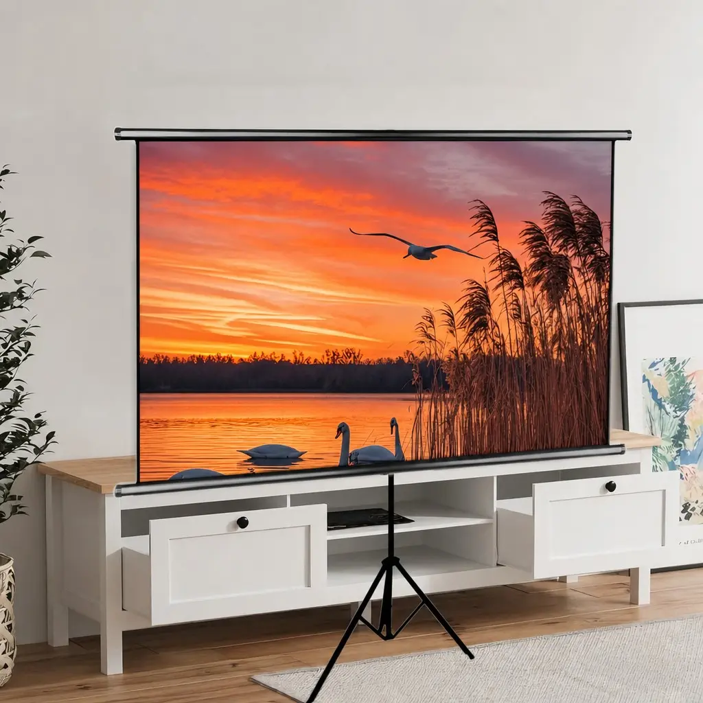 Tripod Mount Projection Screen, Adjustable Height Stand, Portable 16:9 Wrinkle-Free, Indoor Outdoor Use, Home Theater, Gaming Device, Projector Screen