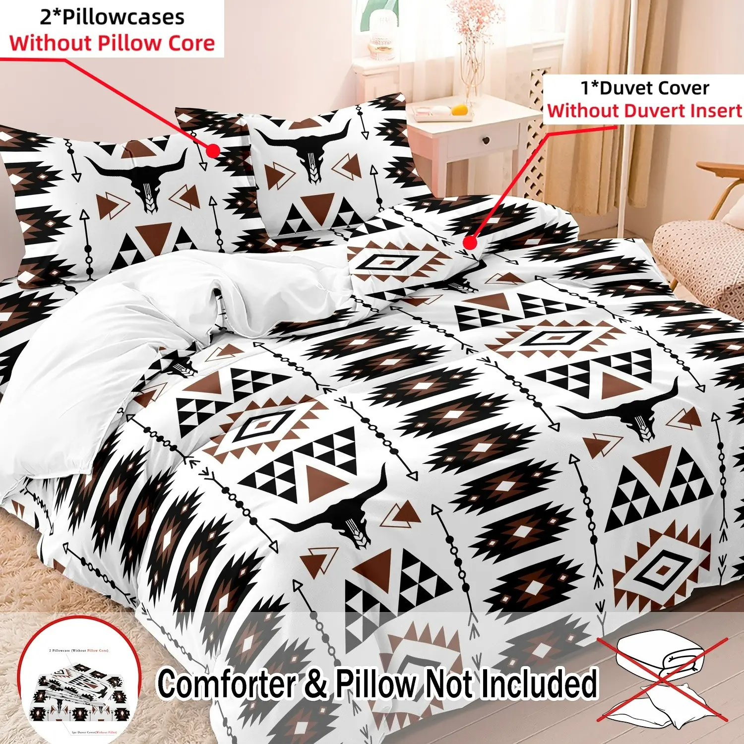 3Pcs Cow Skull Print Duvet Cover Set, Tribal Geometric Arrow Print Bedding Set, Washable Bedding Supplies, Geometric Pattern Bedding, For Family Bedrooms Dormitories Hotels (1 Duvet Cover + 2 Pillowcases No Comforter No Pillow)