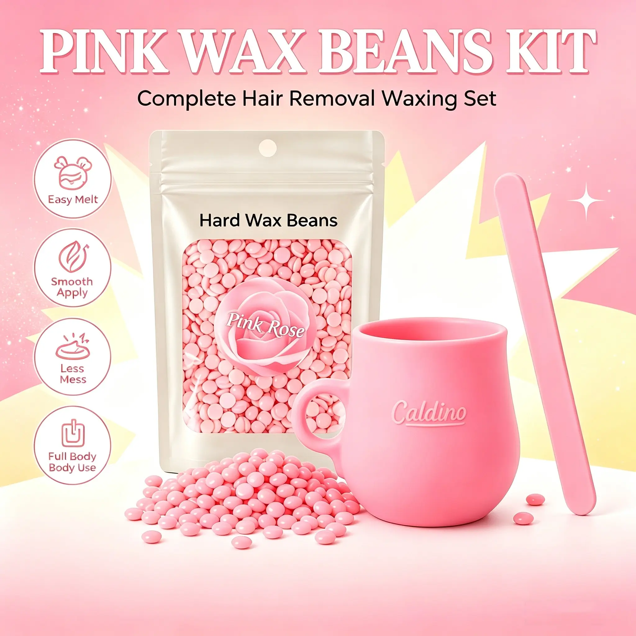 Complete Portable Hard Wax Hair Removal Kit, Hair Remover Wax, Aromatic Relaxing Wax Beads, Microwave Safe Reusable Silicone Cup, Salon Grade Root Removal, Smooth, Ideal for Women Travel Daily Use