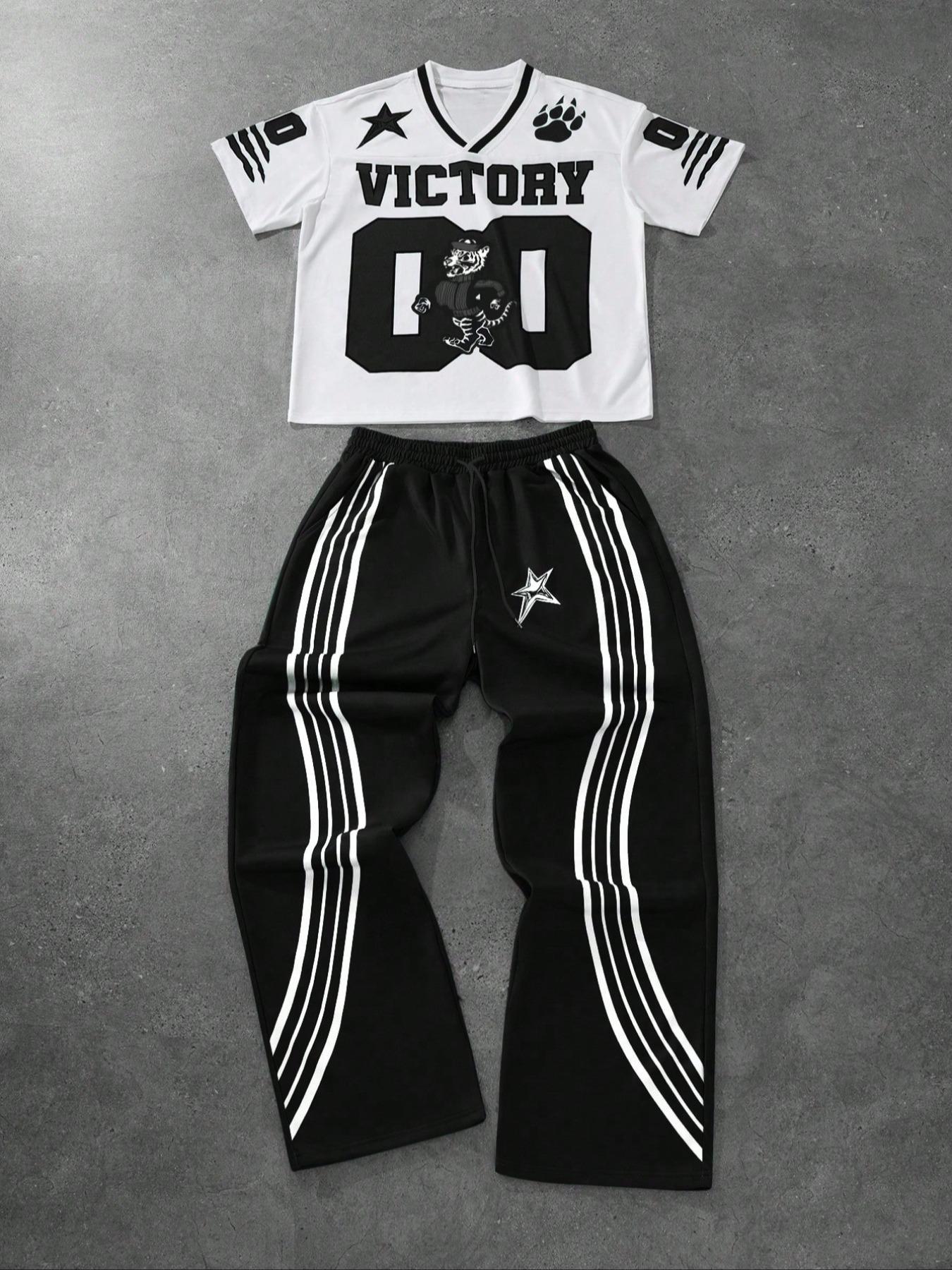 Men's Tiger Print Drop Shoulder Tee & Striped Print Trouser  Two-piece Set, Regular Fit Casual Fashion Cozy Breathable Two Piece Outfits for Daily Outdoor Wear, Men Clothes for All Seasons