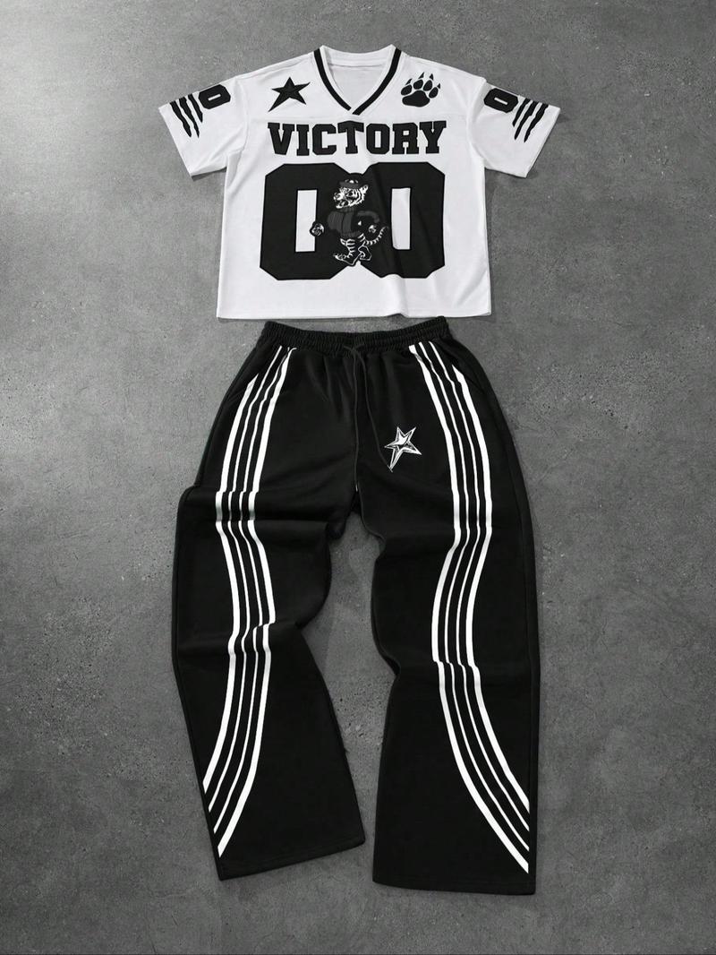 Men's Tiger Print Drop Shoulder Tee & Striped Print Trouser Two-piece Set, Regular Fit Casual Fashion Cozy Breathable Two Piece Outfits for Daily Outdoor Wear, Men Clothes for All Seasons,  Menswear, Crewneck Baseball Outfit