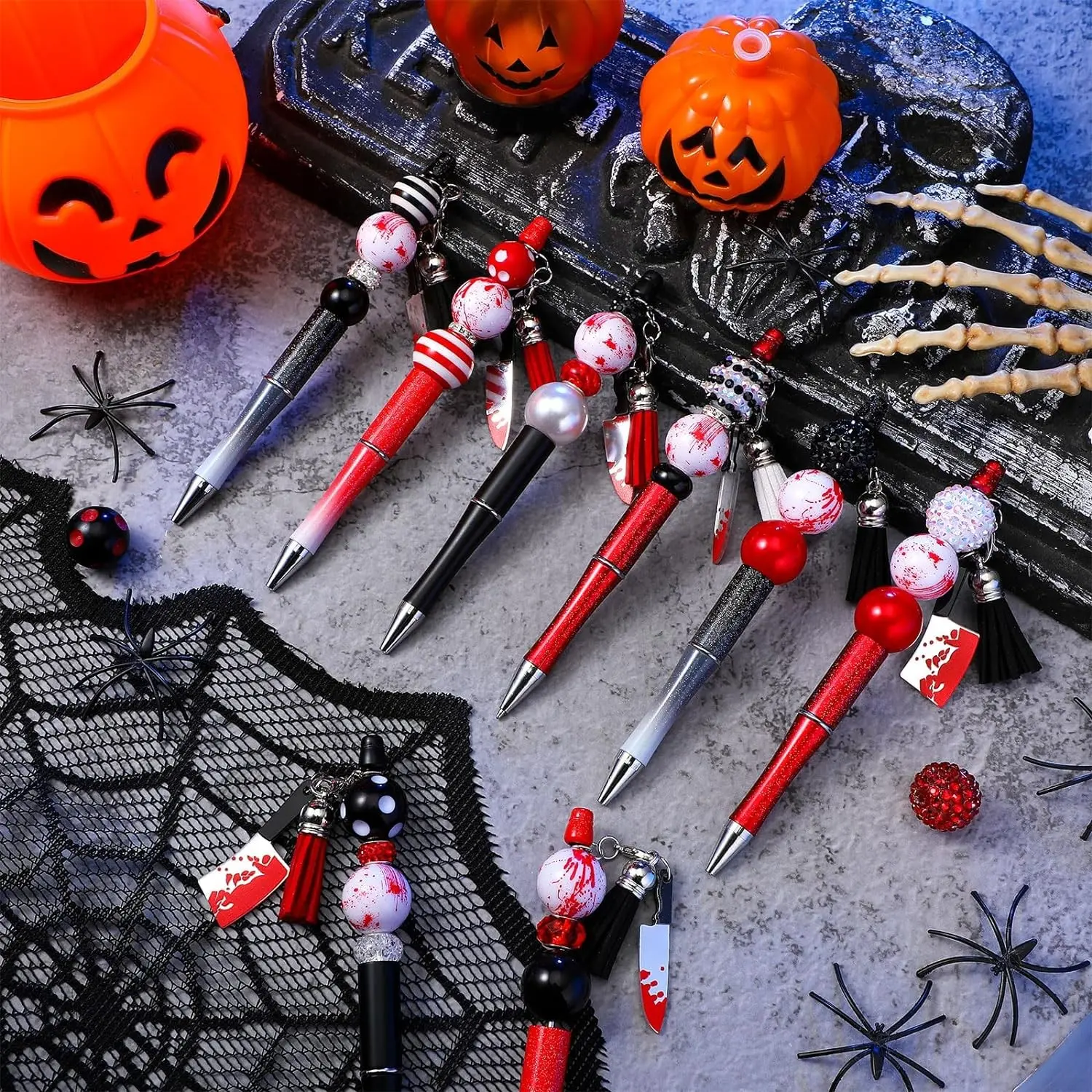 8pcs Halloween Bead Pen Set, Blood Halloween, Includes All Beads Accessories, Gift for Friends, PVC Box, DIY Pumpkin Witch Hat Castle Devil Theme