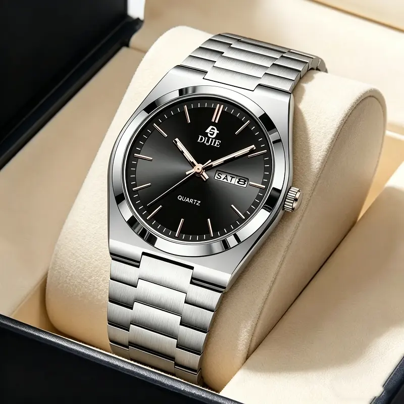 Elegant Vintage Angular Case Wristwatch Brushed Metal Link Band Dual Day Date Window Stick Hour Marker All-Match Daily Commute Office Formal Timepiece