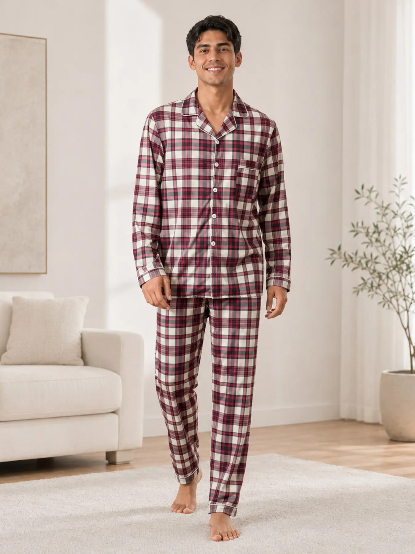 Men's Plaid Long Sleeve Pajama Set, 100% Polyester Lightweight Comfortable Two-Piece Home Wear, Slim-Fitting Cute Style