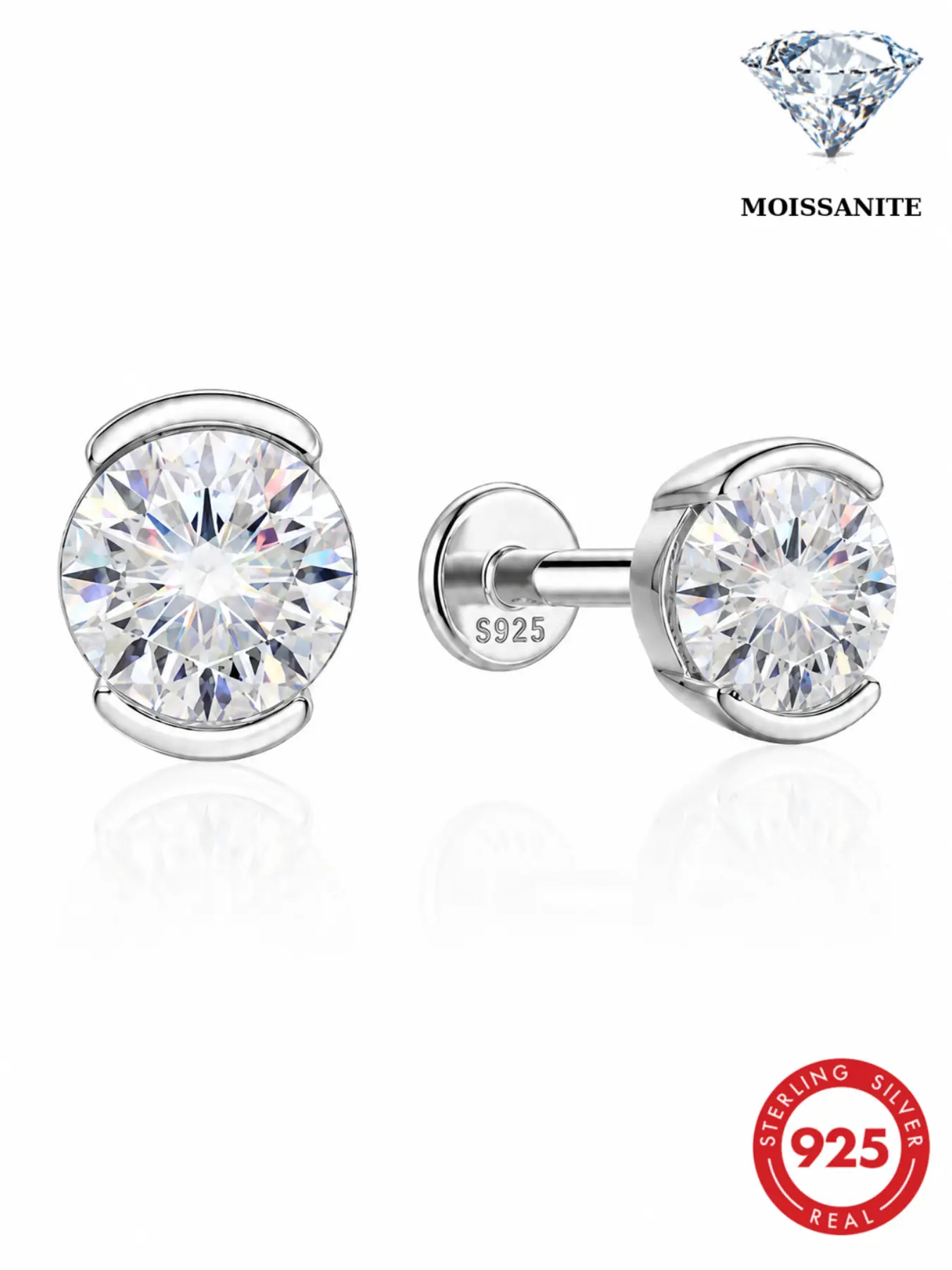 S925 Silver Moissanite Stud Earrings, Classic Single Diamond Piercing Jewelry, Hypoallergenic, Earrings for Sensitive Ears, Perfect for Daily Wear, Parties, Weddings