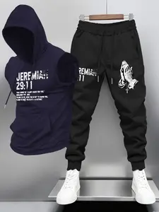Men's Fashion Hooded Vest Long Pants Set, Jeremiah 29:11 Bible Print, Praying Hands Pattern, Faith Theme Sportswear Casual Wear