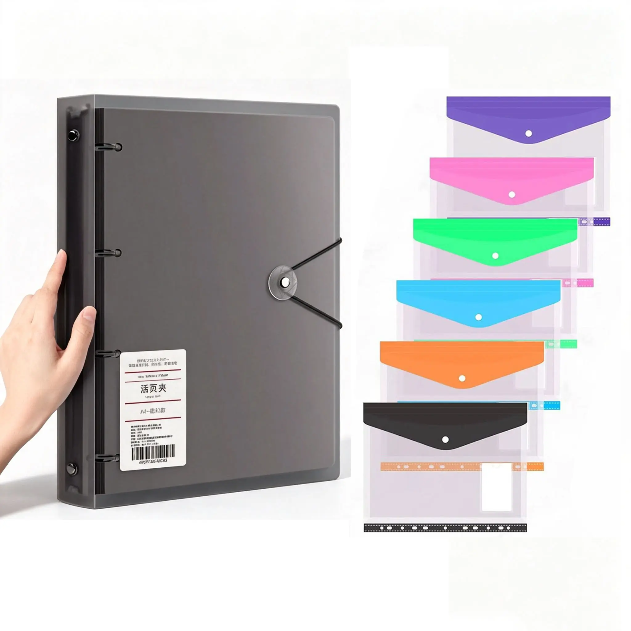 6/12pcs 11-Hole Button File Pockets with Transparent A4 3-Ring Binder Cover, Heavy-Duty PP Document Organizer Pouches with Elastic Lock Closure, Random Color Reusable Page Inserts for Office School Home Paper Storage