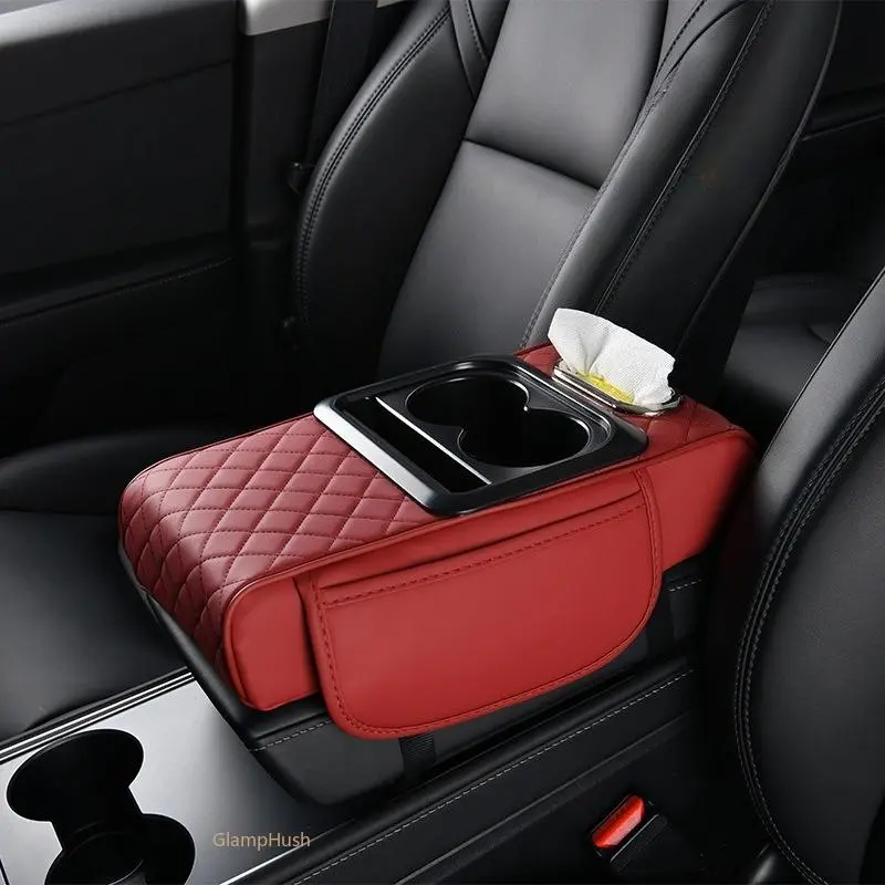 Multifunctional Car Armrest Cushion with Tissue Box & Cup Holder, PU Leather Car Center Console Pillow with Storage Pockets, Universal Car Armrest Cover for Auto Interior