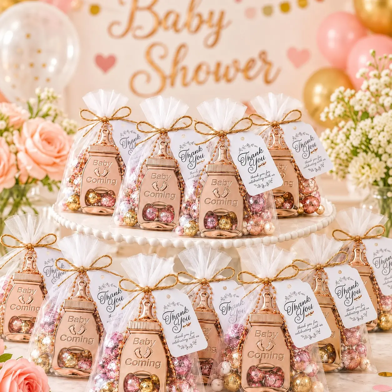 10/20 Sets Rose Gold Baby Bottle Opener Baby Shower Favors for Guests, Metal Baby Bottle Shaped Bottle Openers with Bead Chains, Thank You Cards, White Organza Gift Bags and Jute Rope, Gender Reveal, First Birthday and Baby Shower Party Gifts