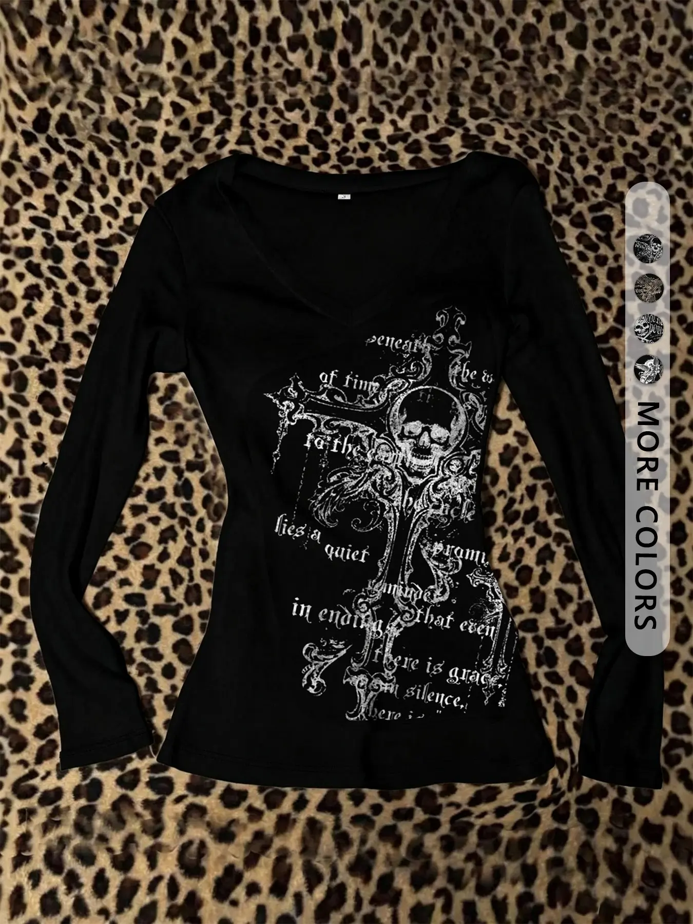 Women's Punk Graphic Long Sleeve T-Shirt, V-Neck Fitted Tee, Vintage Cross Bones Print, All Seasons Casual Wear, Y2K Street Style