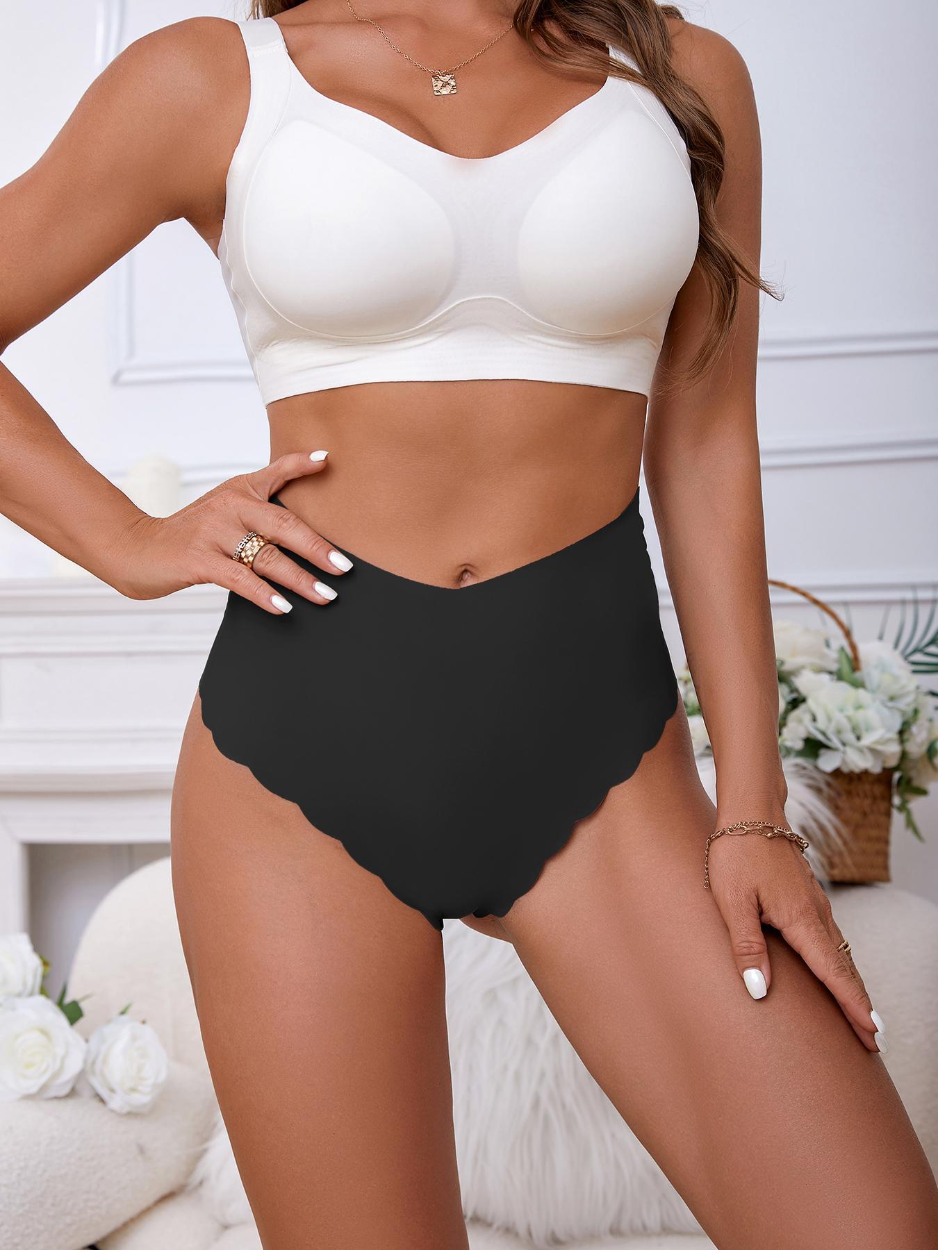 Women's Solid Scallop Trim High Waist Panty, Soft Comfy Breathable Seamless Knicker for Daily Wear, Underwear for All Seasons, High Waisted Seamless