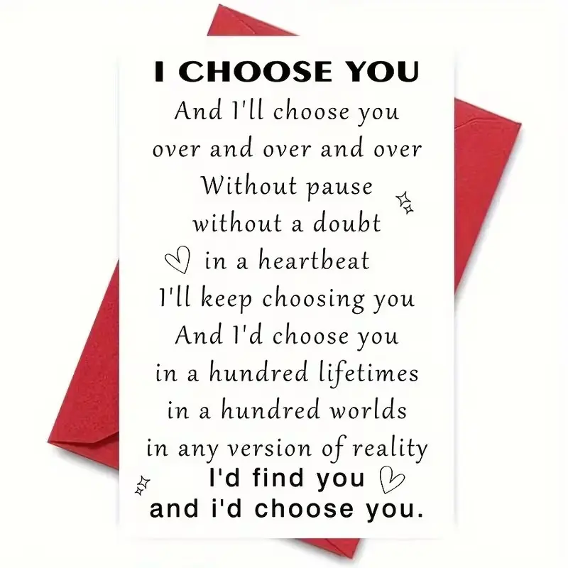 'i Choose You' Valentine's Day Card with Envelope, Sophisticated Text Love Poem, Perfect for Weddings, Anniversaries