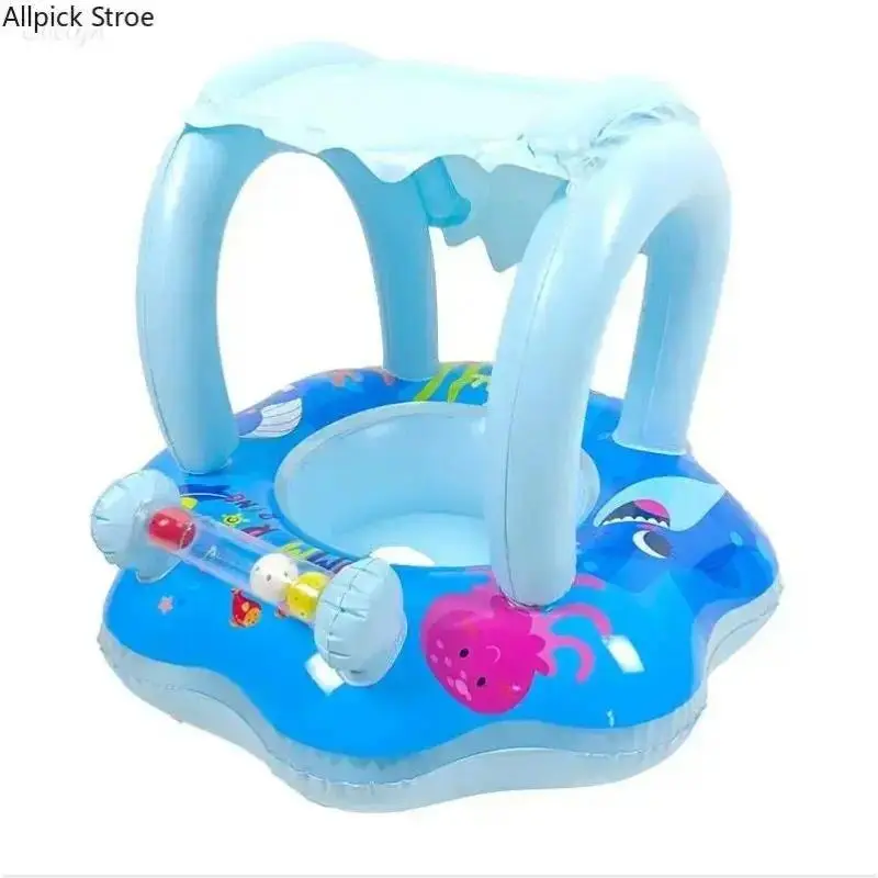 Anti-Tip Inflatable Baby Swim Float with Sun Canopy & Toy Bar, Safe Toddler Pool Training Ring for Summer Beach Vacation