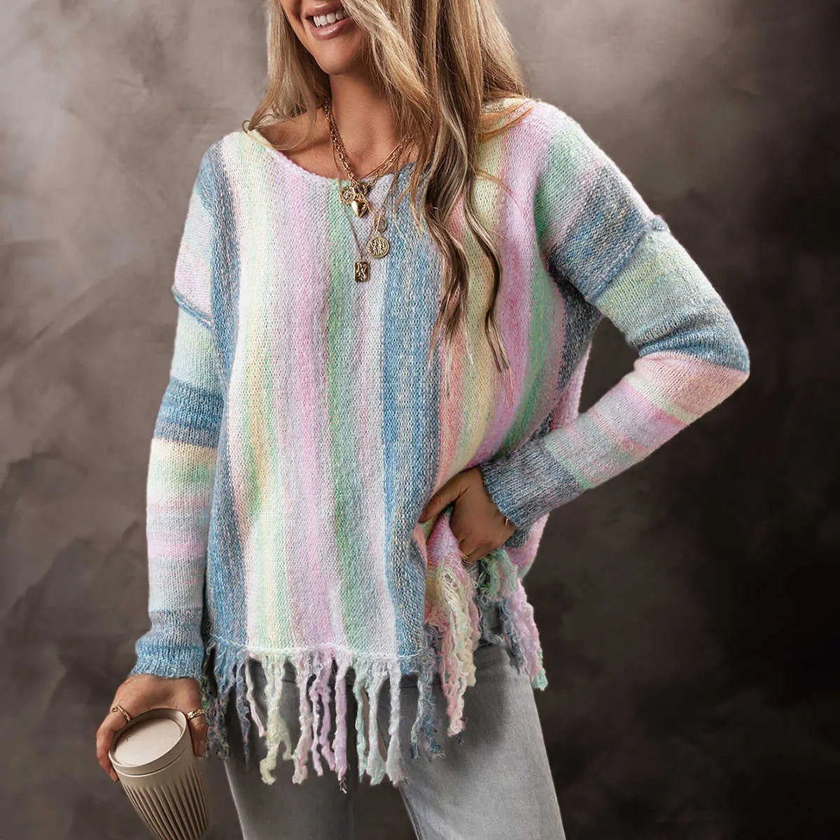 BF Women’s Oversized Fringe Knit Sweater, Color Block Cozy Tunic Pullover Top, Boho Casual Fall Fashion Long Sleeve Sweater