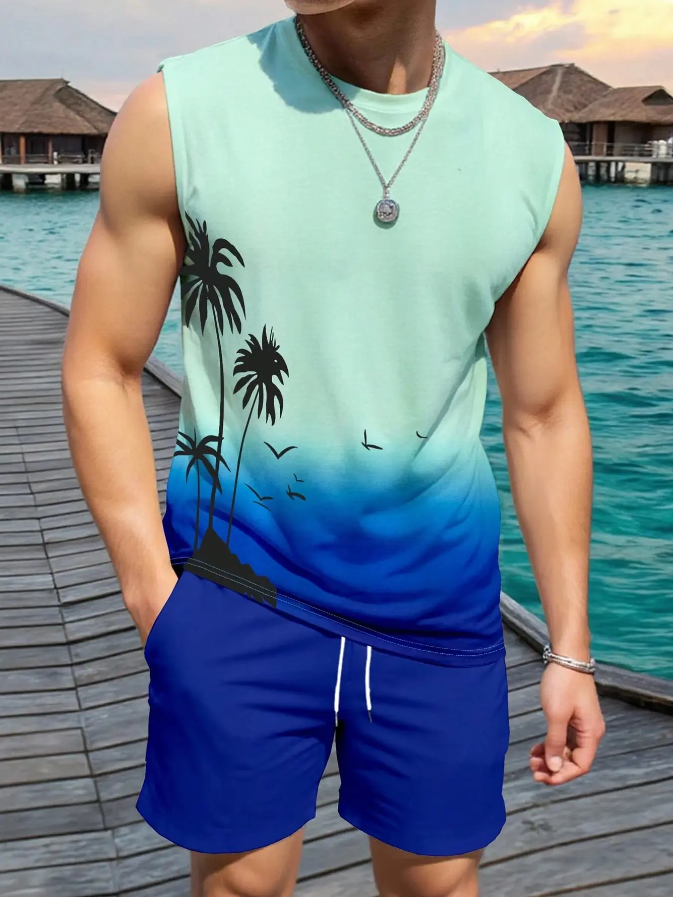 Men's Tropical Palm Tree Print Gradient Two-Piece Set, Sleeveless Crew Neck Vest and Drawstring Shorts, Summer Beach Vacation Streetwear Set