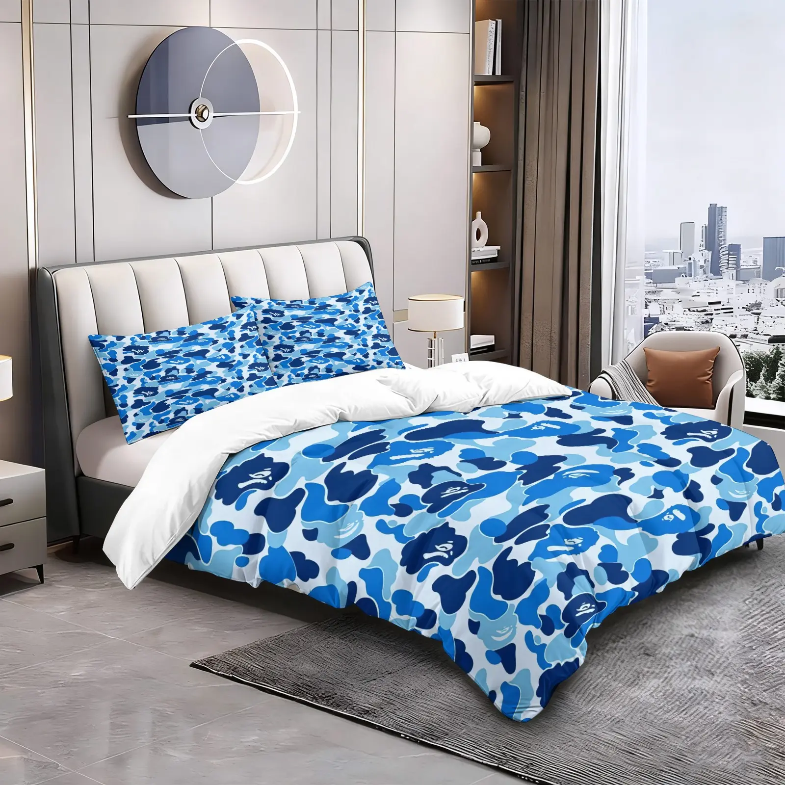 Blue Camo Street Style Duvet Cover Set, 1 Duvet Cover & 1/2 Pillowcase No Filling, Soft Microfiber Bedding Set, Hip Hop Bedroom Decor Gift for Teens Streetwear Fans Dorm Home Decoration