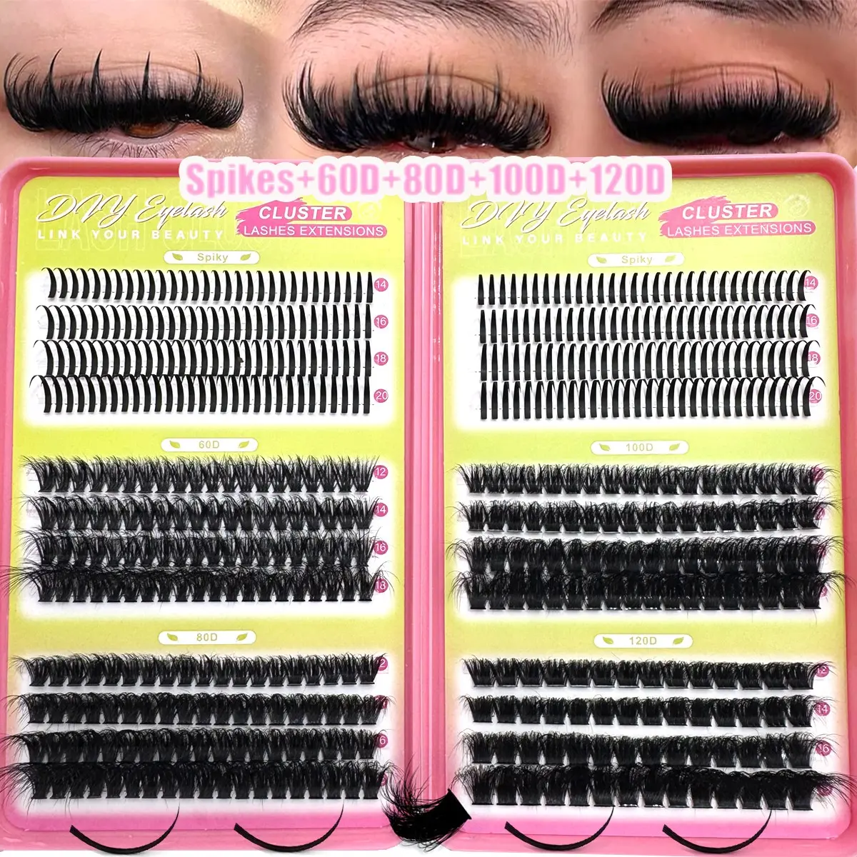 Spiky+100D+120D+150D+200D/Spiky+60D+80D+100D+120D 5 IN 1 Russian Lash Extensions Spikes Lash Individuals Volumized False Eyelashes Clusters D-Curly Lash Clusters 14-20MM DIY Dramatic Eyelash Extensions, 404pcs/ 344pcs Soft DIY Eyelash Extension At Home