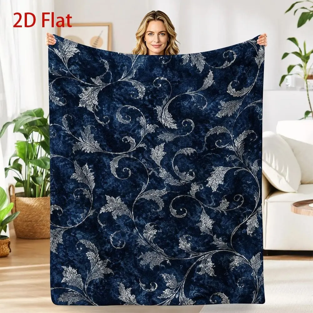 280gsm Luxury Navy Blue Velvet Throw Blanket with Elegant Silver Leaf Vine Pattern, Soft Plush Fleece for Sofa Bed Couch Living Room Decor, Warm Cozy Home Accessory