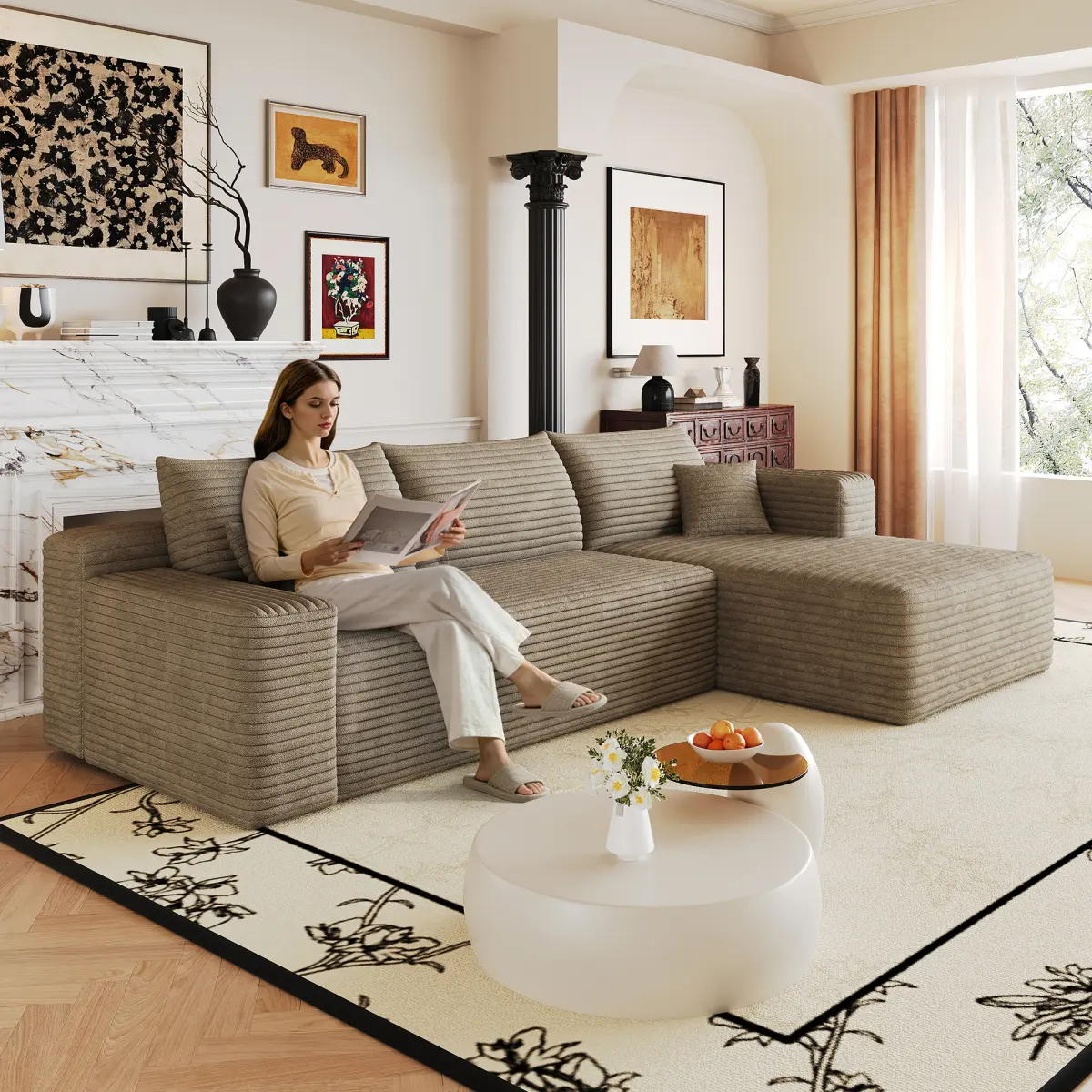 105" Sectional Couches for Living Room Cloud Couch Sofa with L-Shape Upholstered Boneless Couchs Modern Modular Sectional Couch with Chaise,Camel (Plush Corduroy Fabric)