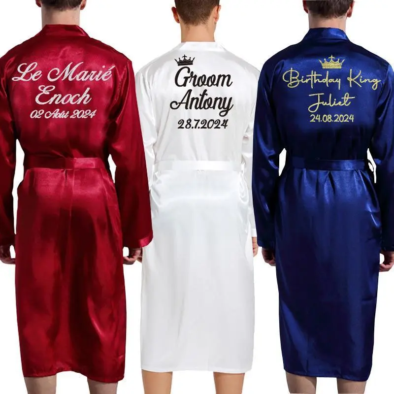 Groom Robe Emulation Silk Soft Home Bathrobe Nightgown For Men Kimono Customized Name and Date Personalized for Wedding Party