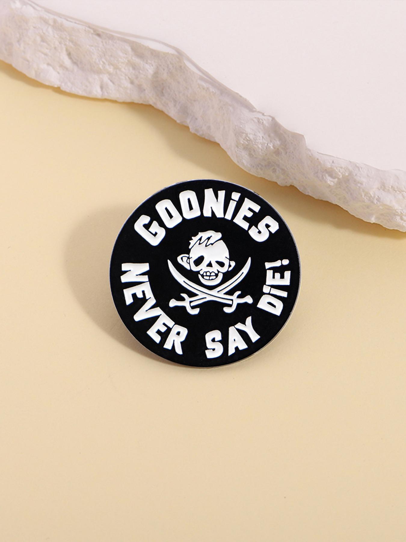 Goonies Never Say Die! Pirate Theme Flag Badge, Vintage Skull Dual Sword Design, Ultimate Collectible for 80s Fans, Engraved Slogan, Nostalgia