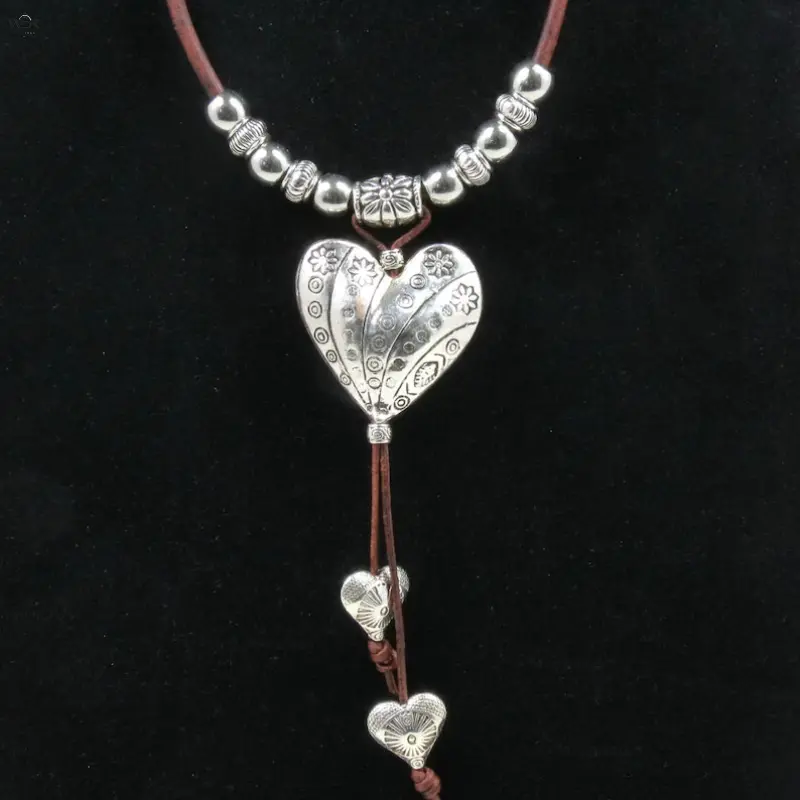 Women's Vintage Engraved Heart Charm Necklace - Boho Ethnic Silver Tassel Choker, Brown Wax Rope Beaded Adjustable-Size Long Chain, Retro Western Casual Wear Costume Jewelry Gift