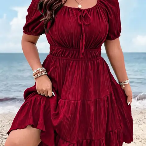 Plus Size Elegant Solid Tie Front Short Sleeve Dress, Summer Casual Beach Holiday Fashion Sundress for Women