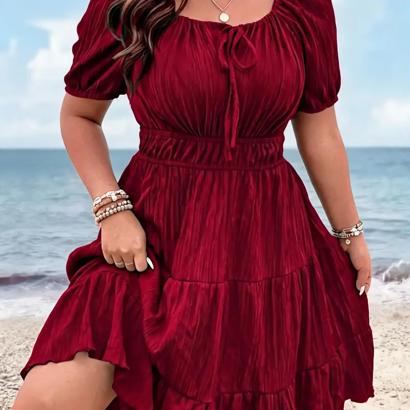 Plus Size Elegant Solid Tie Front Short Sleeve Dress, Summer Casual Beach Holiday Fashion Sundress for Women