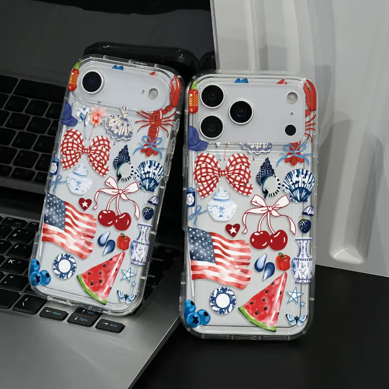 Clear Soft TPU 4th of July Summer Sticker Collage Phone Case for iPhone 11 12 13 14 15 16 17 Air /Pro Max Protective Case, American Flag Watermelon Cherry Seashell Lobster Bow Print Shockproof Cover, Patriotic Beach Girly Phone Accessory, Cute Holiday Gif