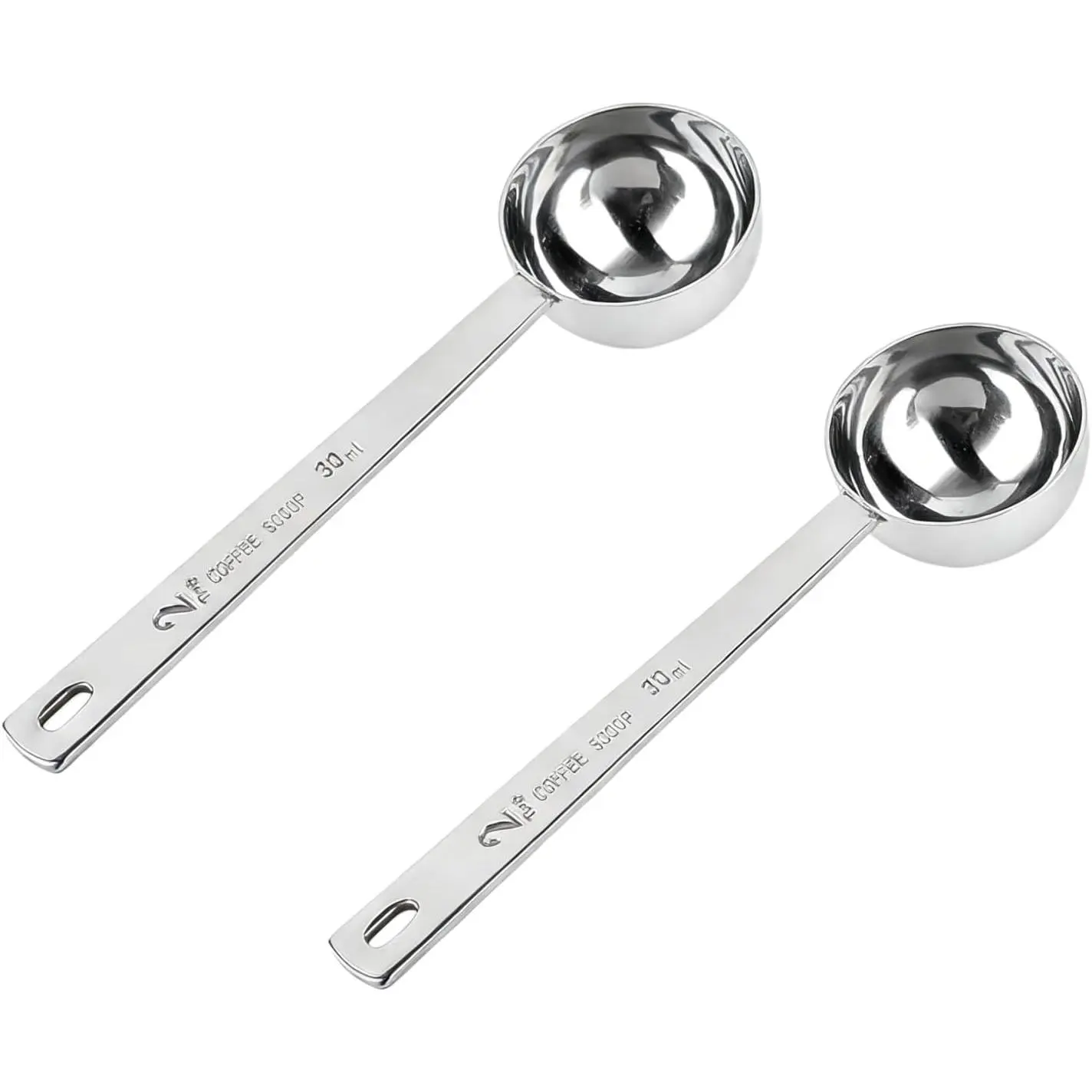 Sturdy Stainless Steel Coffee Scoop Set of 2 - 2 Tablespoon (30ml) Kitchen Utensils with Long Handle, Engraved Markings for Daily Kitchen Coffee, Sugar, Mirror Finish