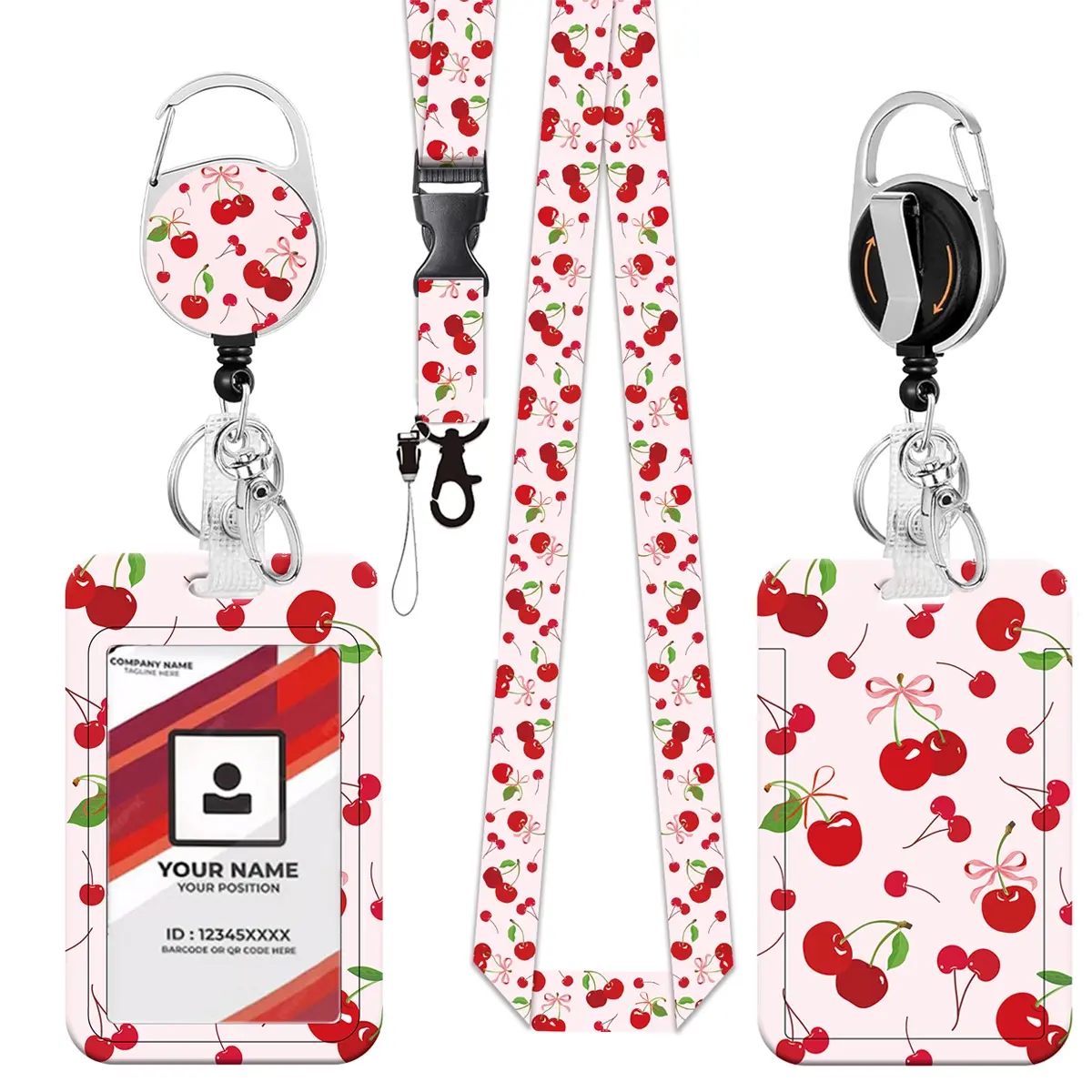 Full Color Print Pull Tab Logo Cherry Pattern Belt Clip, Stretch Buckle Dual-Sided UV Printed Webbing Lanyard, Stylish Accessory