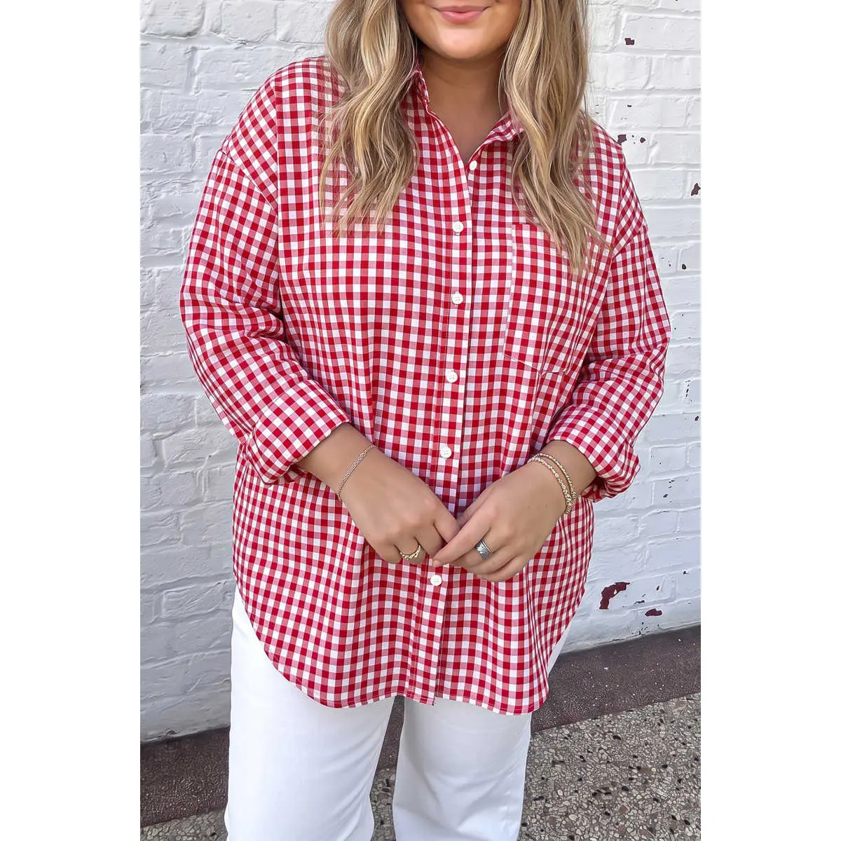 Red Plaid V Neck Long Sleeve Tunic Loose Fit Plus Size Shirt