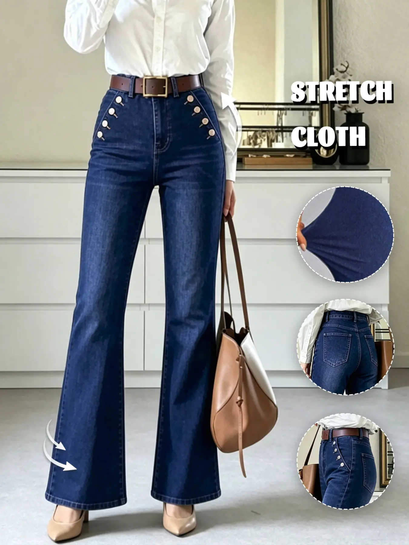 Lkuily Women's Dark Wash High Waist Flare Jeans with Slanted Button Decor, Butt Lifting Stretchy Bootcut Floor Length Pants, Vintage Casual Denim Trousers