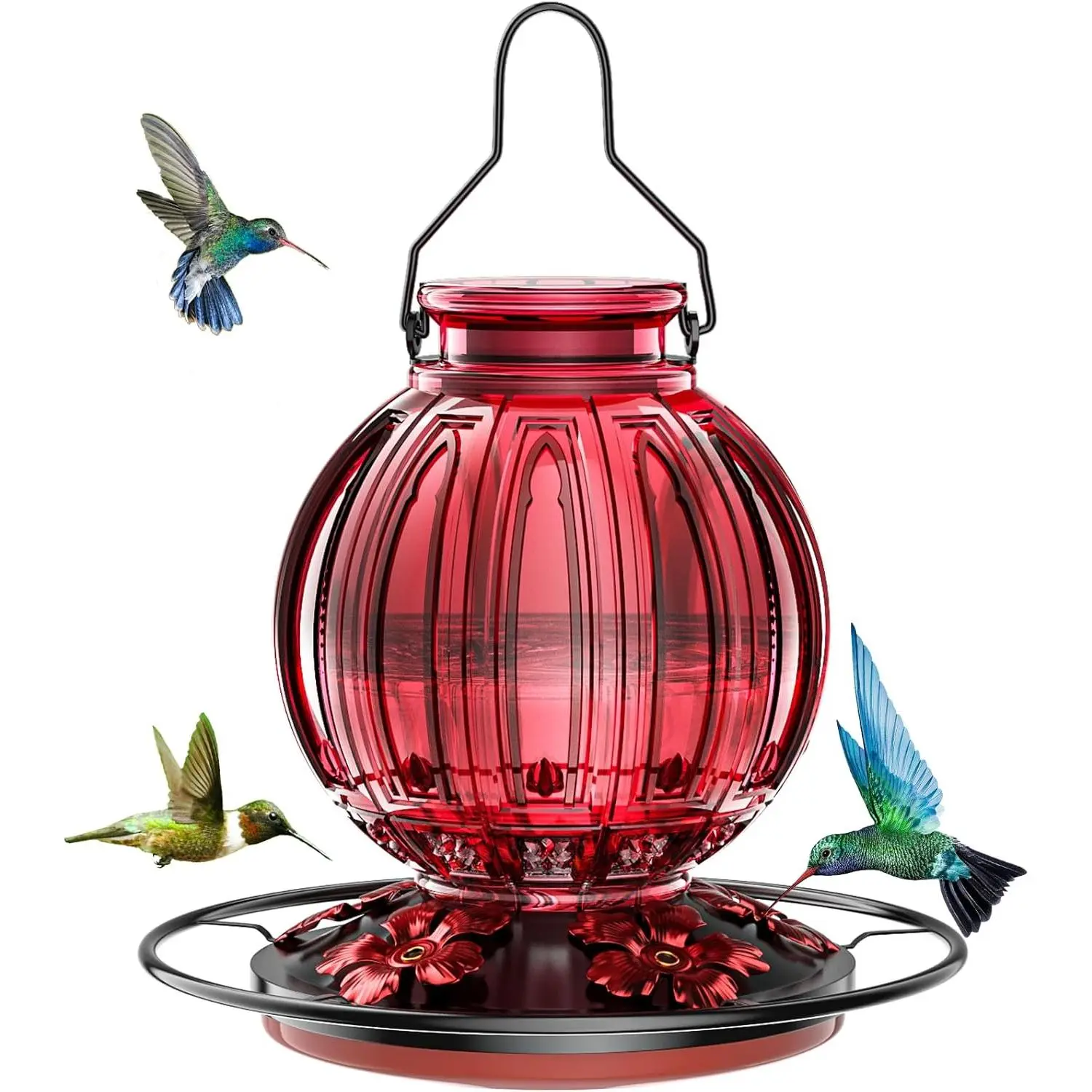 Outdoor hanging glass hummingbird feeder, 26 ounces capacity, equipped with a feeding platform and 5 flower-shaped feeding ports, leak-proof design, suitable for outdoor garden decoration and backyard, a gift for women and mothers, red