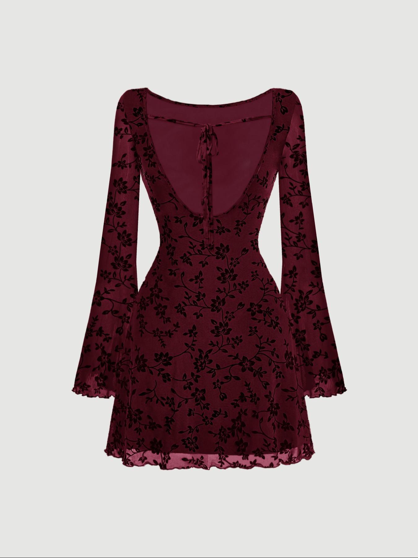 Women's Floral Print Backless Flounce Sleeve Dress, Elegant Round Neck Long Sleeve A Line Dress for Party Holiday Wedding Guest, Ladies Clothes, Womenswear
