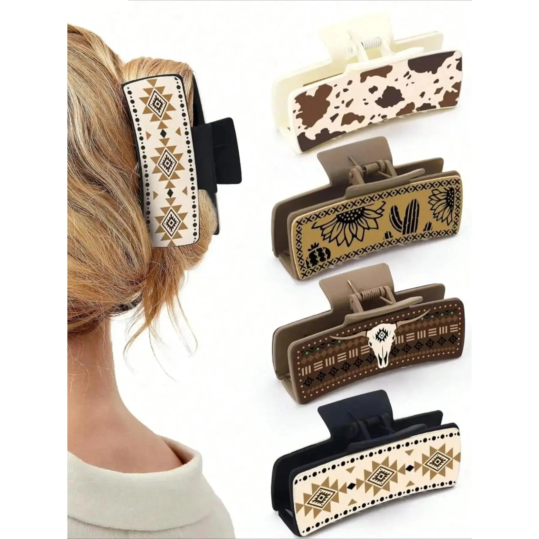 1/4-pack  Western Boho Hair Claw Clip for Women, Large Vintage Aztec Pattern Rectangle Hair Clip, Strong Hold Fashion Hair Accessory for Daily Hairstyles